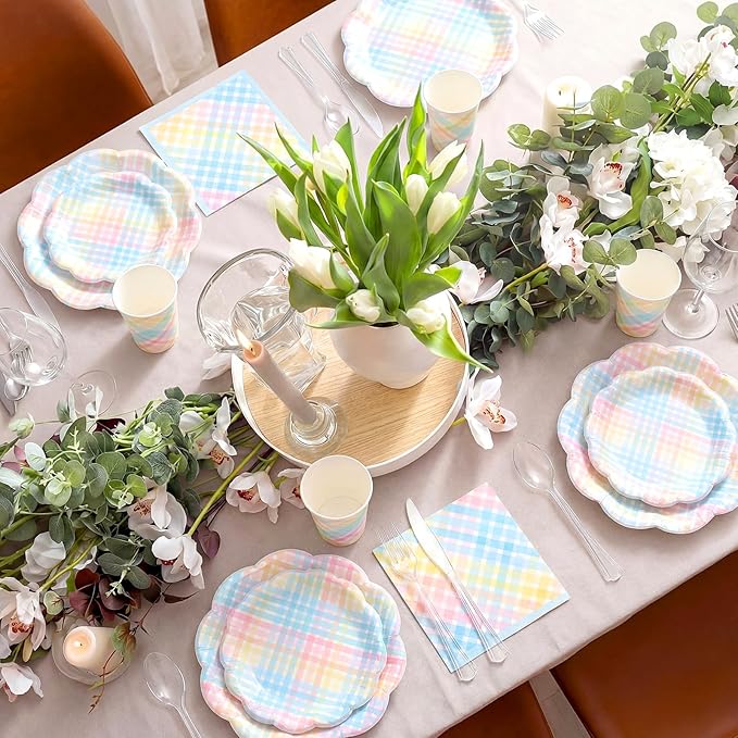 50 Sets Easter Spring Pastel Gingham Disposable Tableware Pastel Paper Plates Cups Napkins Clear Knives Forks Spoons for Birthday Baby Shower Wedding Party Decoration