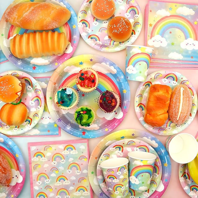 Rainbow Party Decoration - Rainbow Birthday Party Tableware Supplies Includes Plates, Cups, Napkins, Tablecloth, Straws (40)