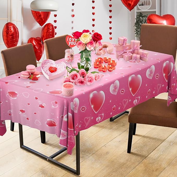 3 Pcs Valentines Day Tablecloth - Pink Heart Love Valentine Table Cloth Disposable, Plastic Rectangle Valentine's Table Cover for Valentine Day Wedding Anniversary Party Supply Tables Decor,108"x54"