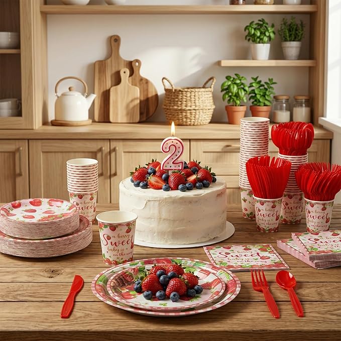 350 Pcs Sweet Baby Shower Party Supplies a Berry Sweet Baby Is on the Way Tableware Set Strawberry Disposable Plates Napkins Paper Cup Plastic Cutlery Serves 50