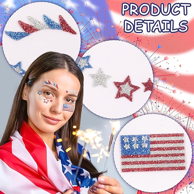 4th of July Face Gems, Fourth of July Celebration Face Jewels, Patriotic Tattoo with USA Flag Stars Designs, Sparkle Glitter Red Blue Silver for Independence Day, Parades, Parties 2 Sheets (style3)