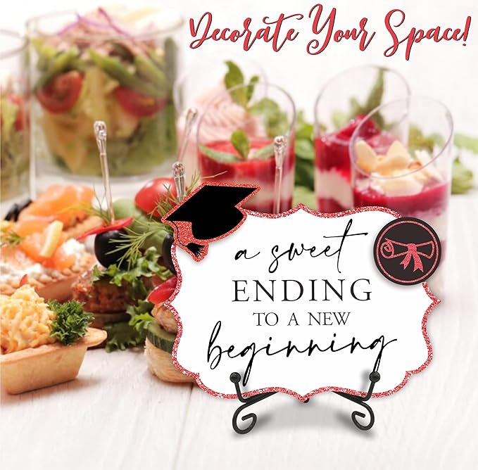 5"X7" Red Grad Party Wooden Table Sign - A Sweet Ending To A New Beginning - Buffet Sign, Treat Sign With Metal Support & 2 DIY Wood Decor With Velcro, Grad Party Decorations & Supplies - B06