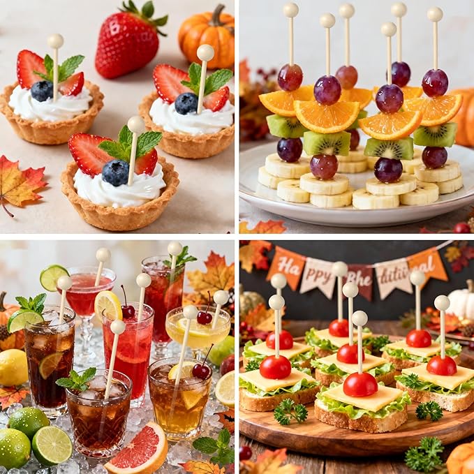 200 Pcs Ball Toothpicks, 5.3 Inch Balls Cocktail Picks for Appetizers, Round Bamboo Toothpicks, Wooden Decorative Toothpicks Skewers for Holiday Birthday Party Decorations (Ball)