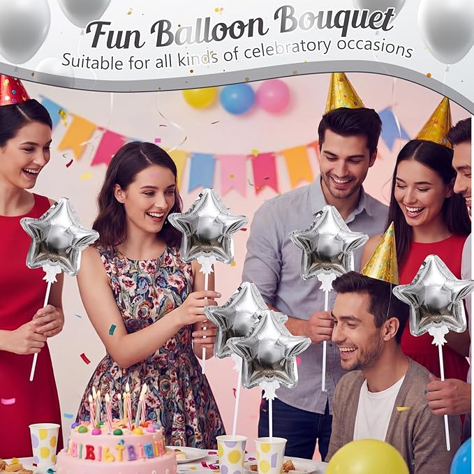 30 Pcs Star Self Inflatable Balloons with Bow Stems Star Foil Balloons Mini Pentagram Decoration for Patriotic Independence Day Graduation Birthday Baby Shower Anniversary(Silver,6 Inches)