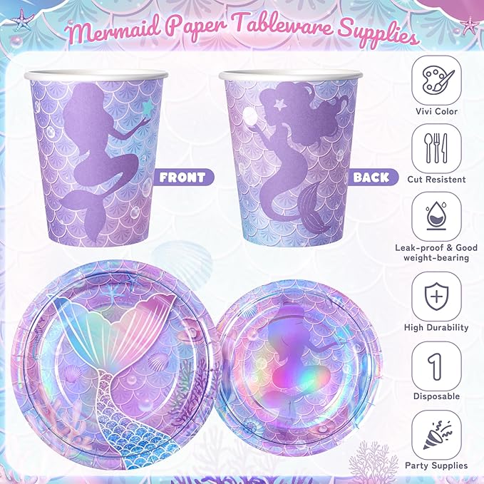 Purple Mermaid Party Tableware Supplies, 168PCS Mermaid Plates Napkins Cups and Purple Cutlery Set, 24 Set Mermaid Disposable Dinnerware Set for Birthday Party Decorations