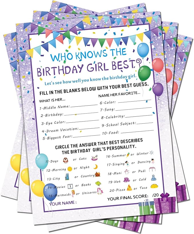 Skylety The Birthday Girl Best, 50 Pieces Birthday Party Activity Game Card Set Who Knows Her Best Girl Birthday Party Activity Themed Party Decorations(Purple)