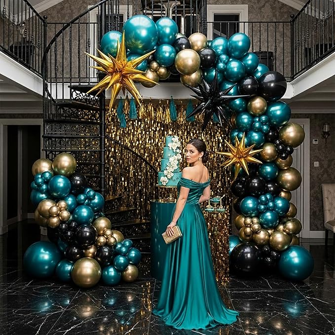 Chrome dark Teal and gold black Balloon Garland Kit 170Pcs Double-Stuffed Navy Teal Blue With Starburst Balloons for Birthday Luxury shop happy grad eve decorations 2025
