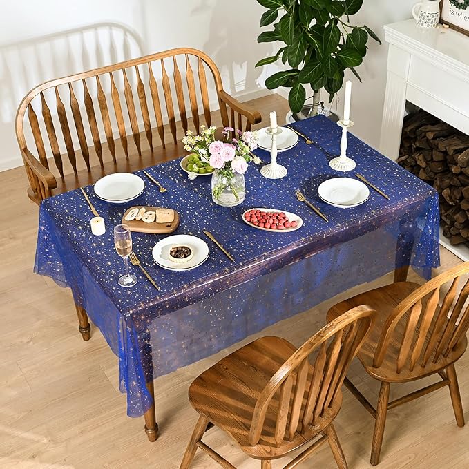 Horaldaily Royal Blue Gold Sparkling Star Gauze Tablecloth 52x70 Inch Rectangular, Golden Star Sequin Glitter Metallic Foil, Sheer Tulle Cheesecloth for Wedding Baby Shower Party