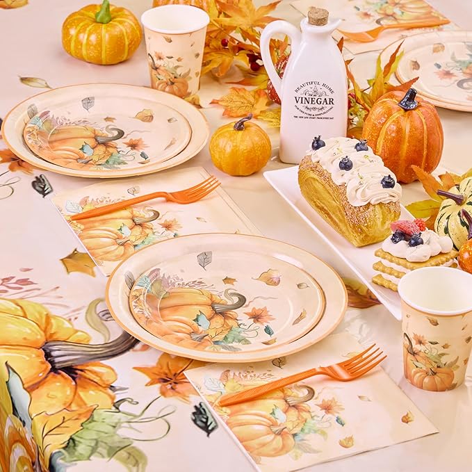 Mostop 126 Pcs Tableware Set - Fall Harvest Disposable Dinnerware with Plates, Napkins, Forks, Table Covers for Autumn Celebrations, Thanksgiving Day, and Harvest Festival, Serves 25 Guests