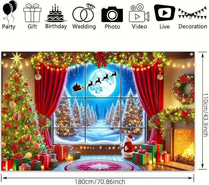 Merry Christmas Backdrop 71x43 Inch Winter Forest Photography Banner with Santa Sleigh Fireplace Moon Scene and Red Curtain Decorations for Holiday Party Wall Display