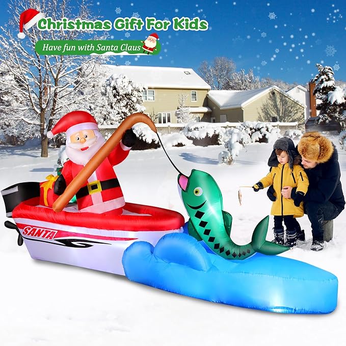 FunFanso 11 FT Christmas Inflatable Santa Claus Fishing on The Boat, Blow up Outdoor Decorations with Built-in Bright LED Lights, Vibrant Xmas Festival Decor for Lawn Yard Garden Holiday Party Porch