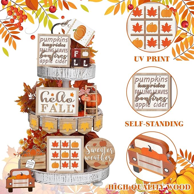 14 Pcs Thanksgiving Tiered Tray Decorations Set Thanksgiving Pumpkin Maple Tiered Tray Decorations Set Rustic Farmhouse Pumpkin Truck Spice Blocks Autumn Wooden Sign for Winter Christmas