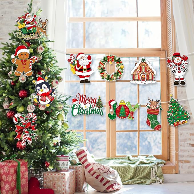 Large 11"x14" Vintage Christmas Cutouts Decorations Cardboard Cutout Set of 12, Vintage Christmas Red and Green Paper Cut Outs Party Decoration Indoor Outdoor, Retro Paper Xmas Cutouts Wall Decor