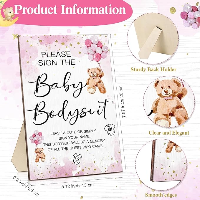 Qunclay 12 Pcs Baby Shower Game Decor with White Unisex Bodysuit Wooden Sign Tabletop Decor and Marker for Guests(Pink Bear)