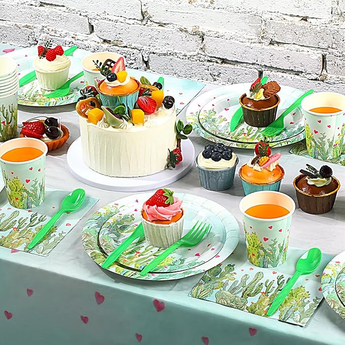170 Pcs Cactus Party Decorations Supplies 24 Guest Cactus Party Set Disposable Tableware Paper Plate Cup Napkin Fork Knives Spoon for Fiesta Celebration Birthday Taco Decoration (Green)
