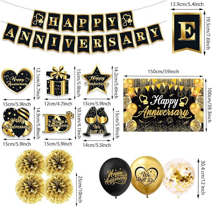 Happy Anniversary Decorations, Black and Gold Happy Anniversary Banner Wedding Party Decorations with 18Pcs Balloons, Backdrop, Hanging Swirls, Pompoms