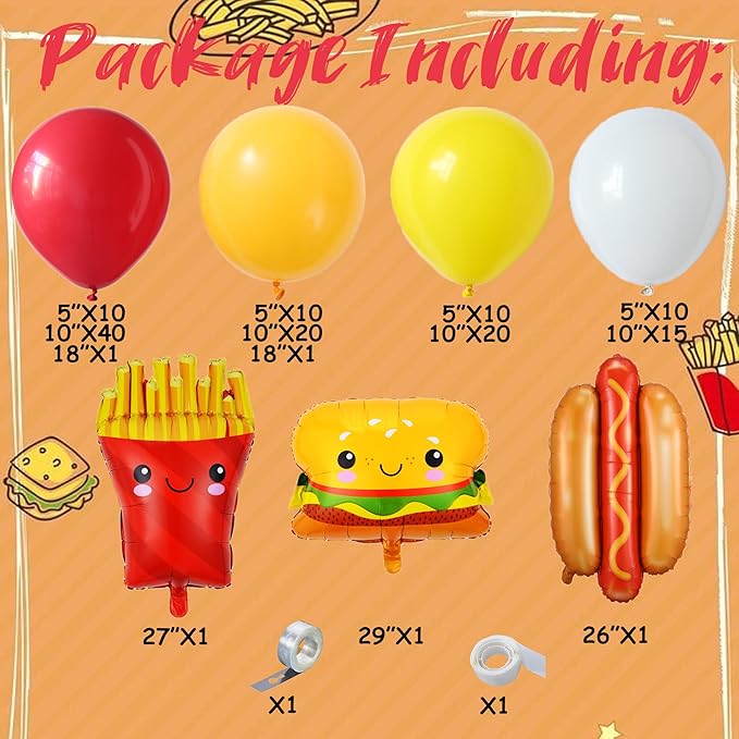 Fast Food Hot Dog Party Decorations 140PCS Red Yellow Balloon Garland Acrh Kit with Hamburger French Fries and Hot Dog Foil Balloon for Junk Fast Food Picnic Themed Birthday Baby Shower Party Supplies
