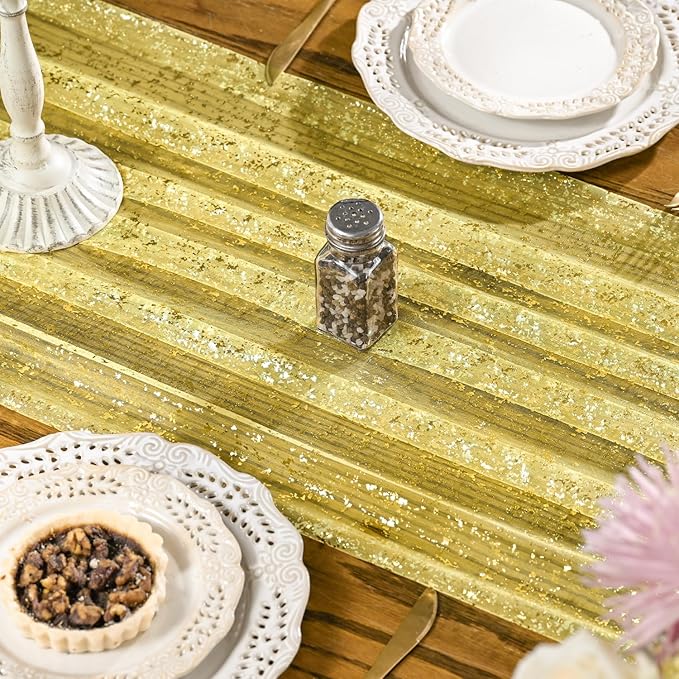 Artoid Mode Light Yellow Gold Gauze Table Runner 59x120 Inch 10FT, Glitter Metallic Foil Sheer Dining Wedding Anniversary Holiday Birthday Table Decor for Home Party