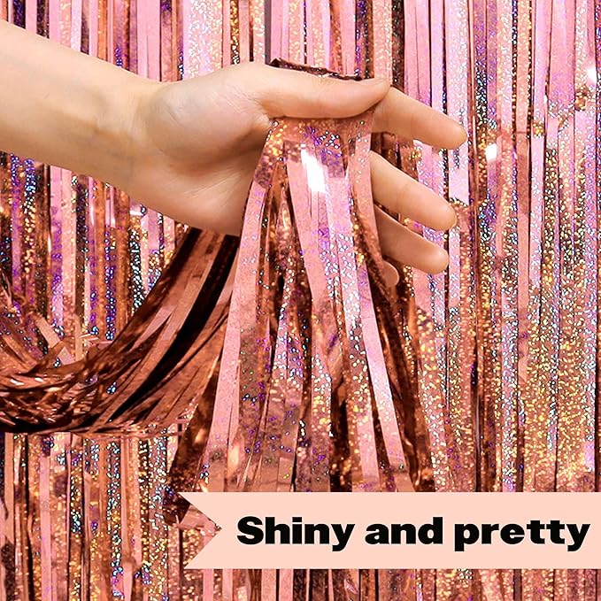 6 Pack Rose Gold Foil Fringe Curtains Backdrop, 3.28 x 8.2 Ft Metallic Streamers Tinsel Curtains Background for Photo Booth, Birthday, Christmas, Halloween, Thanksgiving, New Year Party Decorations