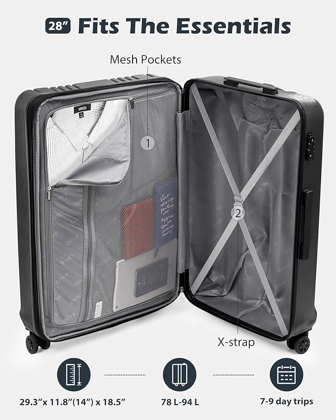 Coolife Luggage PC+ABS Expandable Hardshell Suitcase with TSA Lock, Spinner Checked Lightweight (silver, L(28IN))