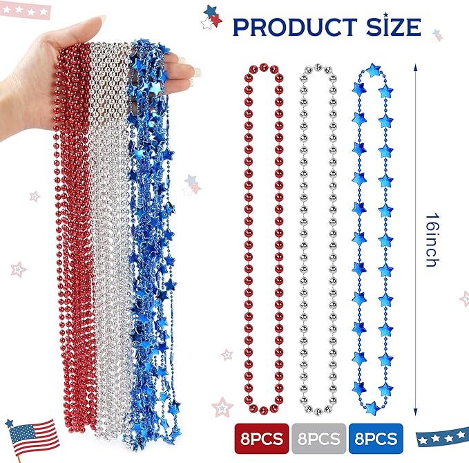 HOOSUN 4th of July Beads Necklaces,24 Pcs Patriotic Beads Necklaces Red Silver and Blue Accessories,Fourth of July Decorations,Memorial Day Accessories for Party Favors, Parades,Party Decor Supplies