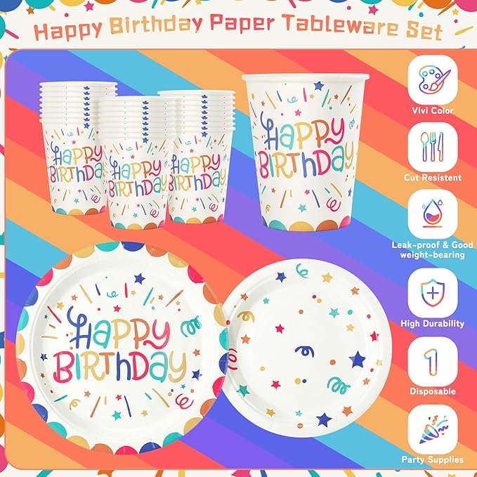 Multicolor Happy Birthday Party Plates Set, 168PCS Ribbons and Dots Stars Paper Plates Napkins Cups and Colorful Cutlery Set, 24 Set Colorful Disposablem Tableware Set for Birthday Party Decorations