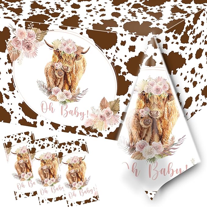 HAKOTI 3Pack Holy Cow Tablecloth,Cow Baby Shower Decorations Brown Cow Print Rectangular Plastic Table Cover for Birthday Party Supplies,Farm Animal Themed Party Decorations