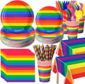 452 Pcs Rainbow Pride Party Decorations Include Rainbow Disposable Paper Plates Napkins Cups Tablecloth Cutlery Straws Colorful Stripe Party Supplies for Birthday Graduation Pride