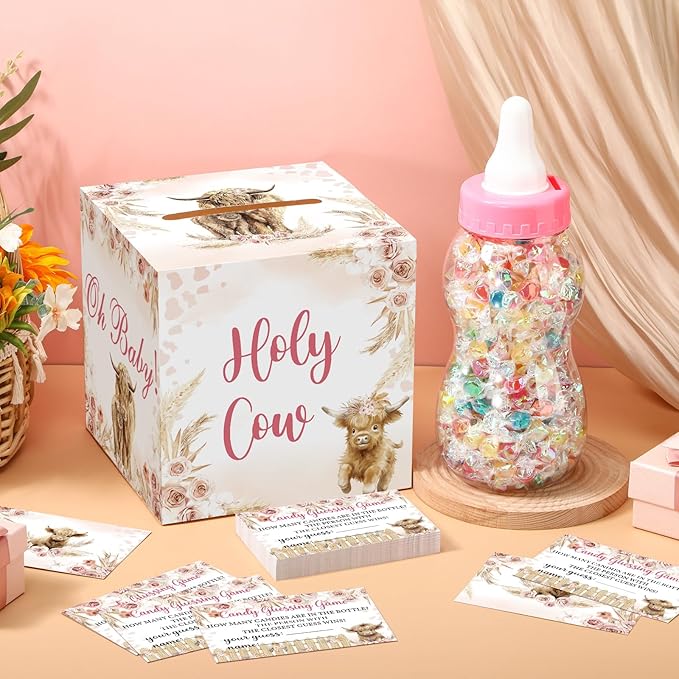 Glenmal 52 Pcs Baby Shower Games Gift Sets Large Baby Bottle for Shower Game Guess How Many Candies Decorations for Gender Reveal (Highland Cattle)