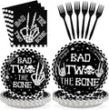 96Pcs Bad Two The Bone Party Supplies Black White Rock 2nd Birthday Plates and Napkins Tableware Bone Skull Second Birthday Party Decoration for Boy Skeleton Rock And Roll Music Theme Favors Serve 24