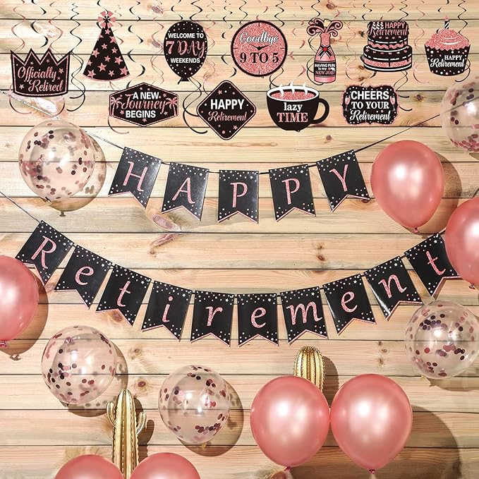 Tenare 44 Pcs Retirement Party Decorations Retirement Party Banner Balloons Confetti Hanging Swirls Decor Kit for Women Party Indoor Outdoor Supplies(Black and Rose Gold)