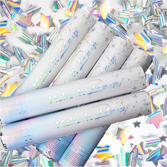 PrimePure Confetti Cannon Party Poppers - Holographic Silver Stars Confetti Popper - 6 Pack - Party Cannon Silver Glitter Star Pop Gun for Birthday, Wedding, Graduation, Celebration, Pranks