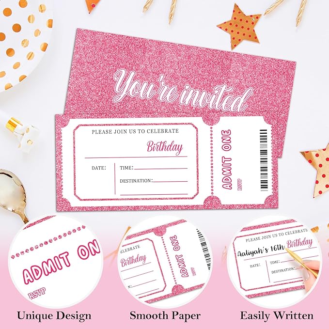 Pink Glitter Birthday Invitation Ticket, Glitter Invitation for Girls Teens, 20 Ticket With Envelopes, 3.5 x 8 inch Double-Sided Fill In Birthday Party Personalized Invites Cards - C