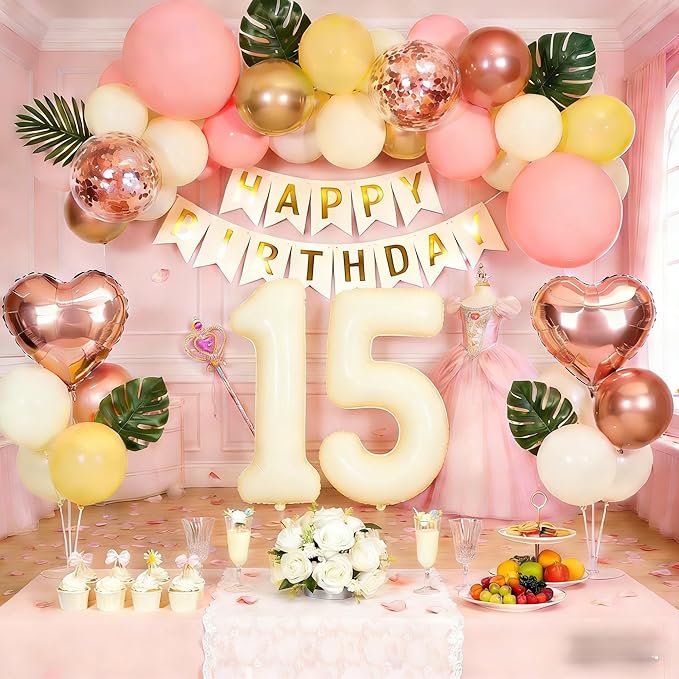 15th Birthday Decorations for Girl, Quinceanera Mis Quince Party Supplies, Retro Sand White Balloon Garland Kit, Cream Number 15 Balloon, Pink Happy Birthday Banner