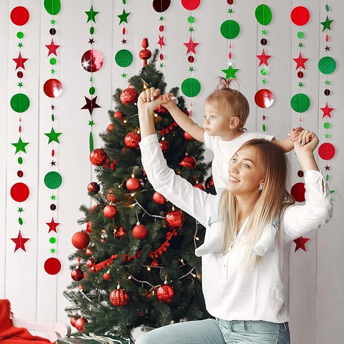 GCQQ 52Ft Christmas Garlands - Red Green Christmas Paper Streamers Garland Glitter Star Circle Dots Wall Hanging Decorations Indoor for New Year, Xmas Tree, Office, Table, Ceiling, Classroom