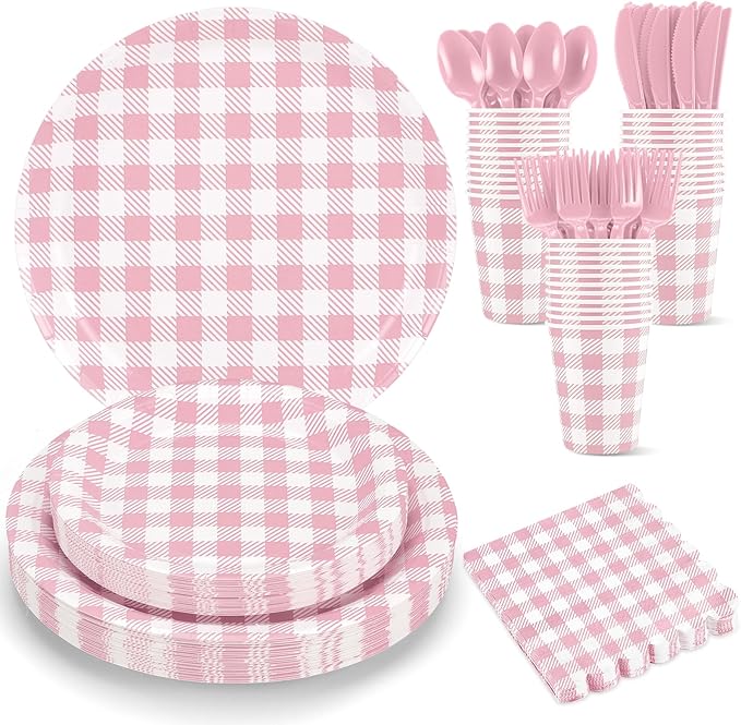 175 Pcs Gingham Paper Plates, Pink Gingham Party Supplies Include Pink Plates and Napkins Cups Disposable Checkered Dinnerware Set for Picnic, Baby Shower, Wedding