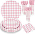 175 Pcs Gingham Paper Plates, Pink Gingham Party Supplies Include Pink Plates and Napkins Cups Disposable Checkered Dinnerware Set for Picnic, Baby Shower, Wedding