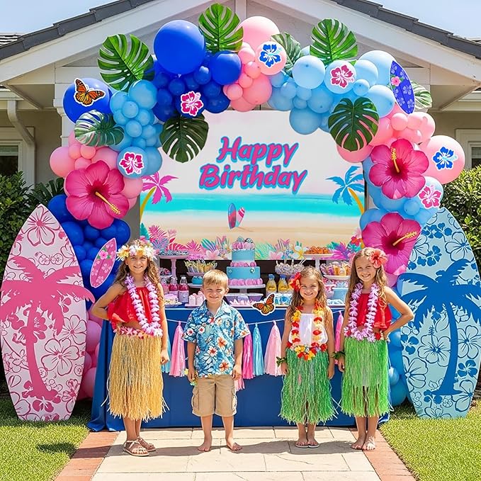 Pastel Pink and Blue Balloon Garland Arch with paper cards banner backdrop Artificial Palm Leaves for kids cartoon Hawaii gender reveal Baby shower birthday halloween trunk or treat party decorations