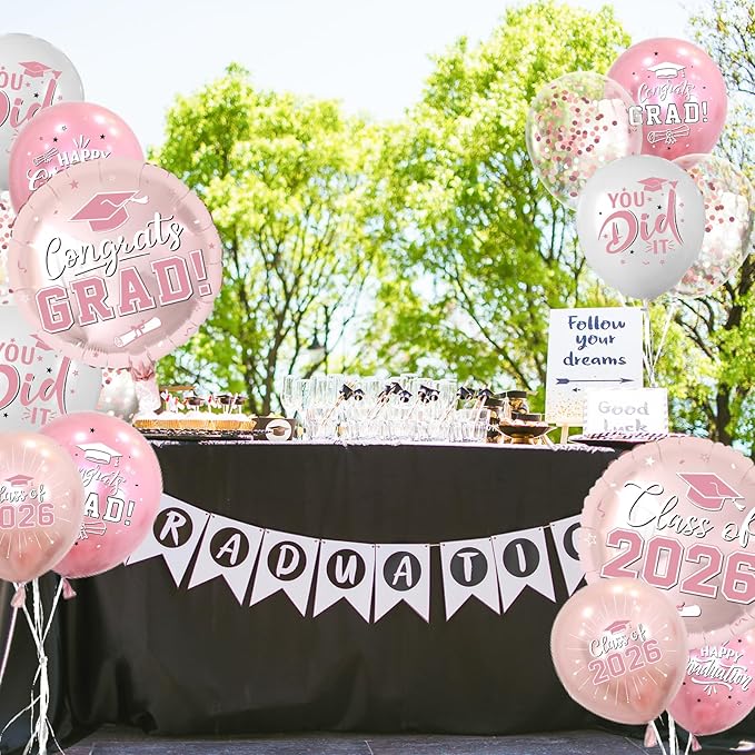 Pink and Rose Gold Graduation Balloons Graduation Decorations 2026, 51Pcs Grad Latex Balloons and Grad Foil Balloon with Confetti Ribbons Grad Party Decorations for College High School