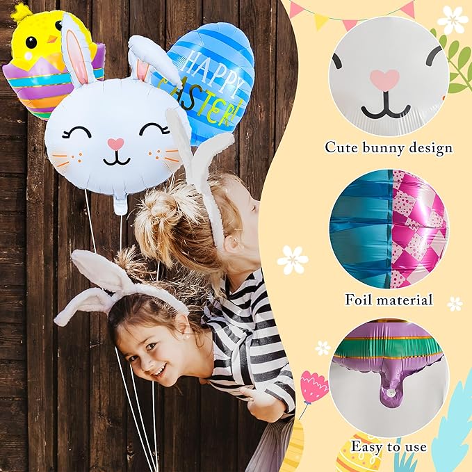 Easter Bunny Balloons Set Cute Rabbit, Chick & Happy Easter Egg Foil Balloons Spring Holiday Bunny Balloon for Kids Baby Shower Decor