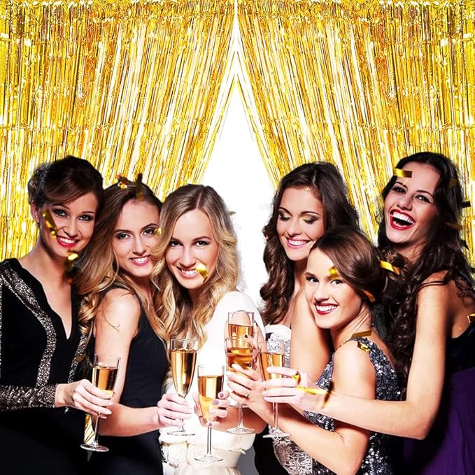 Gold Backdrop Fringe Curtain for Party Decor -6.5x6.5ft, Pack of 2 | Gold Foil Curtain Backdrop Tinsel Streamers for Bachelorette Party Baby Shower Graduation Birthday Wedding Photo Booth Backdrops