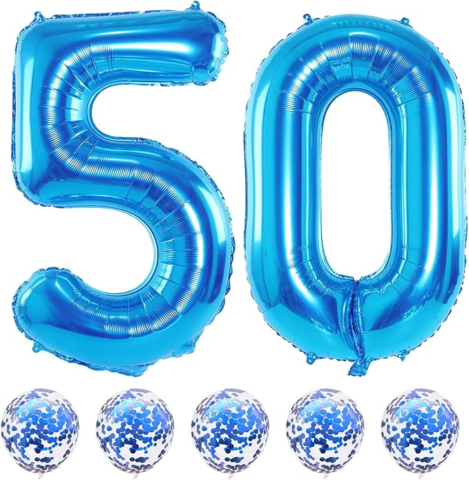 40 Inch Number 50 Foil Balloons Set, Blue 50th Birthday Balloons with Blue Confetti Balloons, Giant Number 5 and 0 Helium Balloons Self Inflating for Men Women 5th Anniversary Party Decorations
