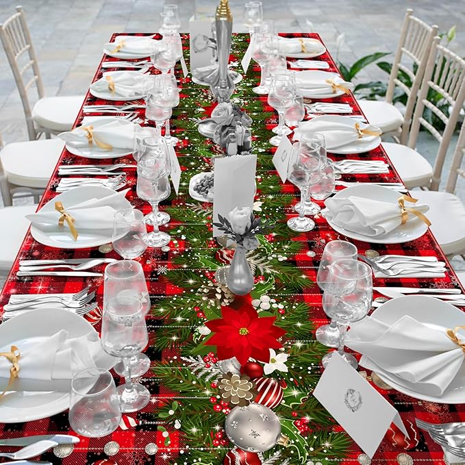 6Pcs Christmas Buffalo Plaid Snowflake Tablecloths,Plastic Red and Black Checkered Rectangle Christmas Tree Color Ball Table Cover for Winter Xmas New Year Holiday Party Decorations,54x108 inch