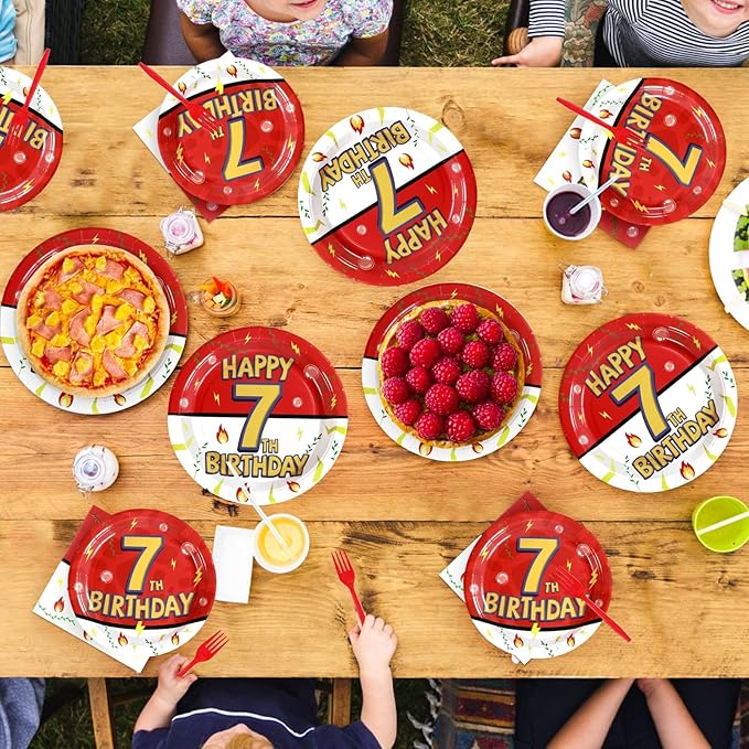 Grencian 96Pcs Happy 7th Birthday Party Supplies Cartoon Anime Themed Paper Plates and Napkins Tableware Sets Red and White Decoration for 7 Year Old Birthday Kids Children Party Serves 24