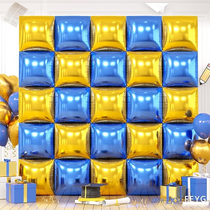 Metallic Navy Blue and Gold,Pearl Blue and Silver Double Sided Square Foil Balloons Wall,19 Inches Blue Chrome Tunnel Arch Kit for 2026 Graduation,Anniversary,Wedding,Birthday Background Decoration