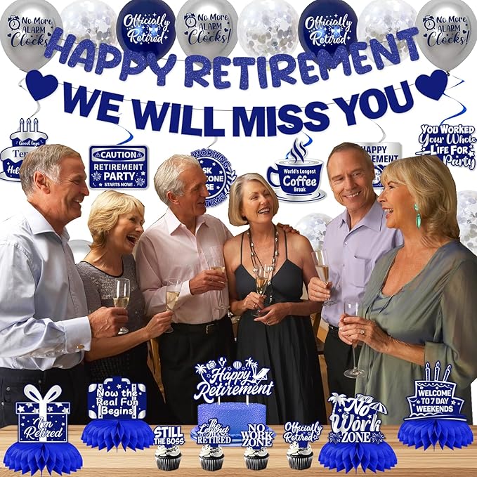 Retirement Party Decorations Men Women, Blue Silver Happy Retirement Decorations, Pre-Strung Happy Retlrement & We Will Miss You Banner, Balloons, Hanging Swirl, Cake Topper Retired Sash Honeycomb Set
