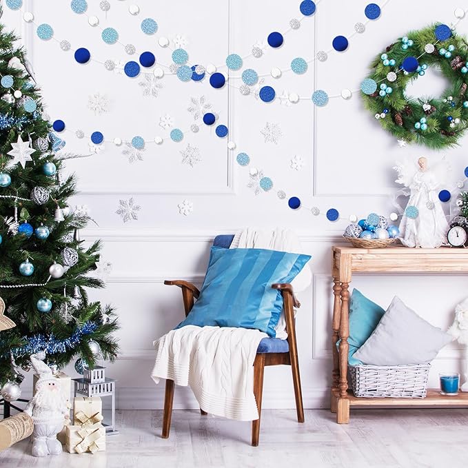 Outus 5 Pieces Round Dots Circle Garland Royal Navy Blue Hanging Paper Hanging Decor Each Length 13.1ft Glitter Paper Dot Streamers for Birthday Wedding Classroom Bridal Baby Shower(Silver, Blue)