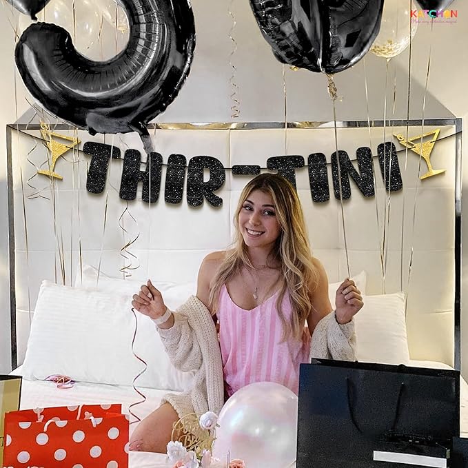 KatchOn, Thir-Tini 30th Birthday Banner – 10 Feet, No DIY | Black and Gold Glitter Martini Party Decorations, Funny 30th Birthday Decorations for Her, Him | A Tini Bit Older 30th Birthday Party Decorations
