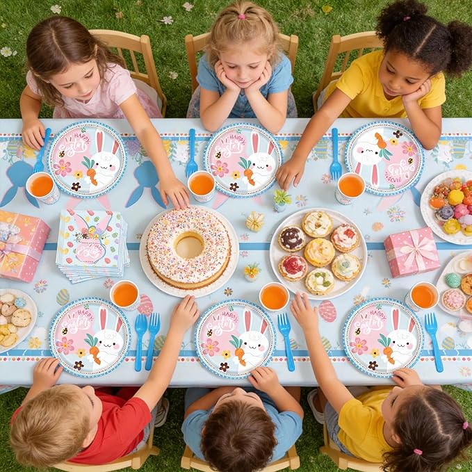 Easter Plates and Napkins Disposable Set – Easter Paper Plates and Napkins Sets with Cups, Forks & Tablecloth, Happy Easter Bunny Party Supplies, Easter Dinnerware Tableware, Serves 24 Guests