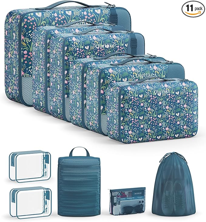 11 Set Packing Cubes for Travel,Gifts for Women Mom Kids,TSA Approved Bags for Makeup,Cosmetic,Toiletry, Suitcase Organizers for Checked Luggage,Cruise Essentials,Airplane Accessories,Dark Blue Floral